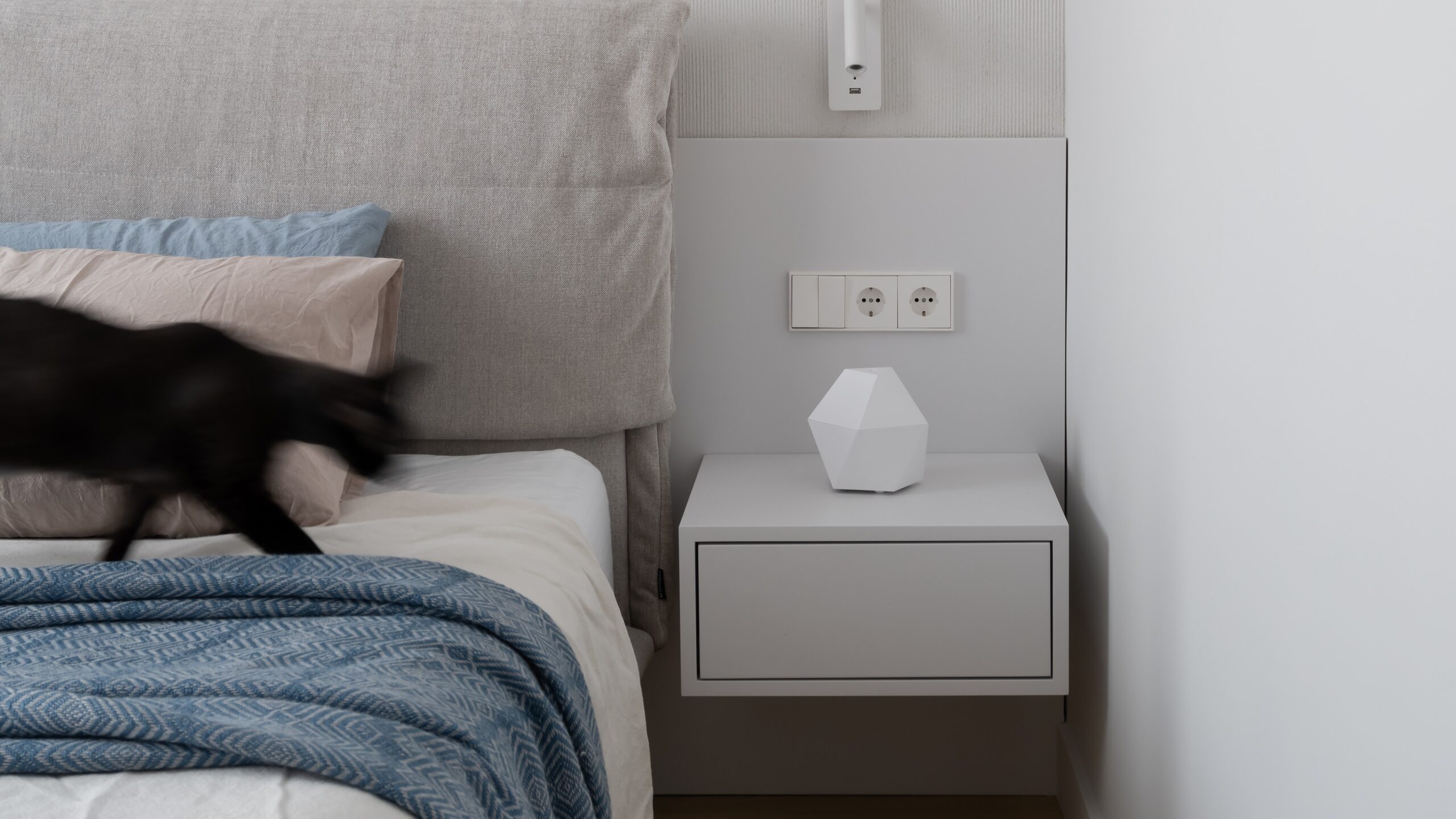 Minimalismul îmbracă în alb și albastru un apartament spațios din Belgrad