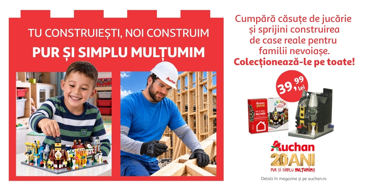 Cumpără căsuțe de jucărie de la Auchan și susține construcția caselor reale pentru familii vulnerabile prin proiectul „Căsuțe pentru căsuțe”